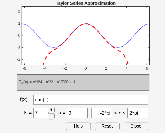 Figure Taylor Tool contains an axes object and other objects of type uipanel. The axes object with title Taylor Series Approximation contains 2 objects of type line.