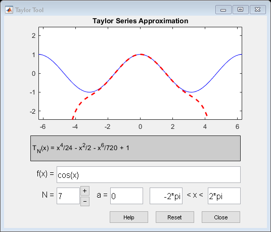 Figure Taylor Tool contains an axes object and other objects of type uipanel. The axes object with title Taylor Series Approximation contains 2 objects of type line.