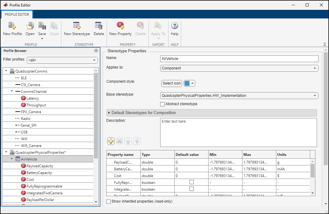 Profile Editor with quadcopter comms profile and quadcopter physical properties profile. The air vehicle stereotype is highlighted showing many of its properties.