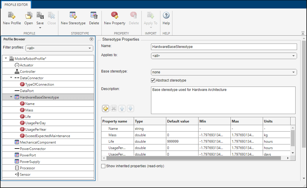 Hardware base stereotype properties in Profile Editor.