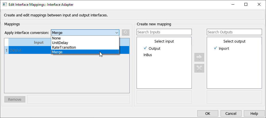 The Interface Adapter dialog box shows the Apply interface conversion choice Merge.