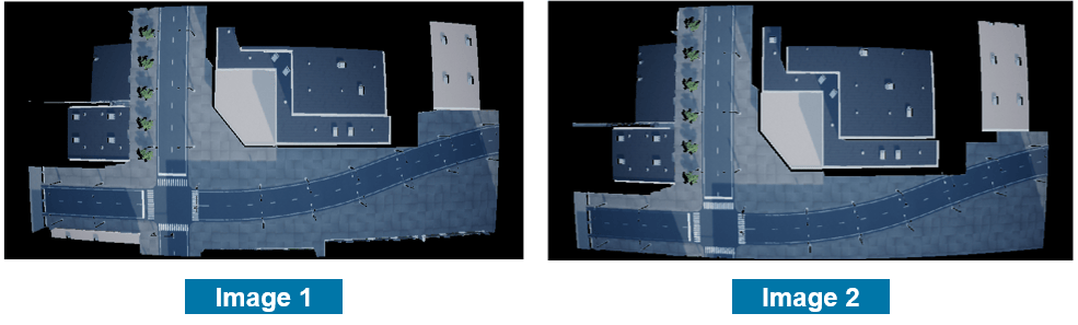 Two aerial orthophotos of buildings and a curved road shown side by side before location-based stitching