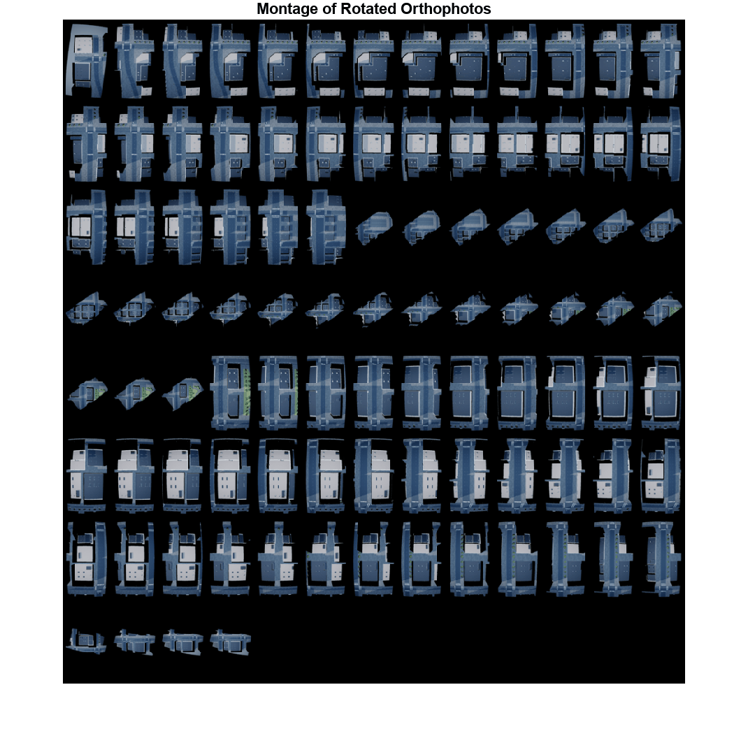 Montage of roll-rotated orthophotos on a black background, each image oriented according to the drone logged roll angle