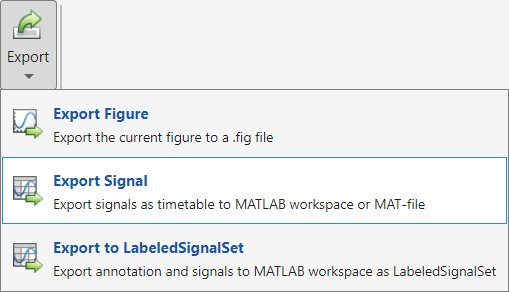 Export option showing exportt figure, export signal, and export to labeled signal set