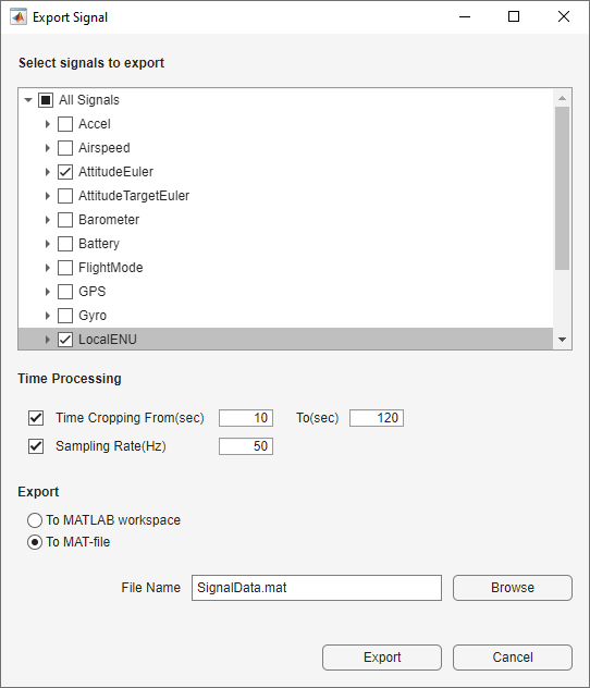 Export signal window showing that the Attitude Euler and localENU is selected. Time cropping is selected from 10 to 120 sec, and sampling rate is set to 50Hz