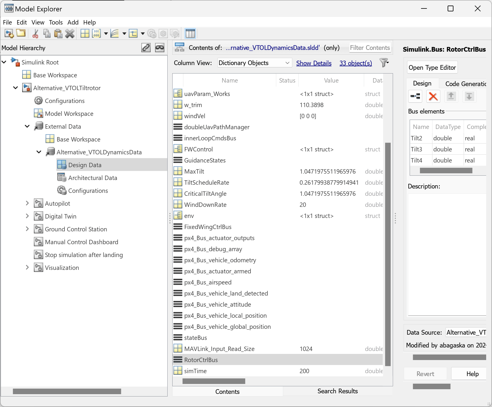 Model Explorer view of the modified rotor control bus.