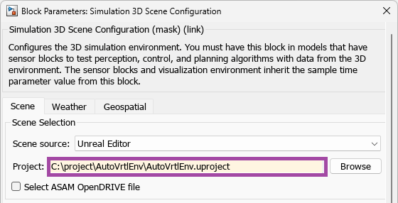 Simulation 3D Scene Configuration block mask. The path to the AutoVrtlEnv project has been copied into the Project parameter