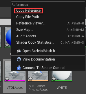 Unreal Editor option for user to copy the reference path of the UAV mesh.