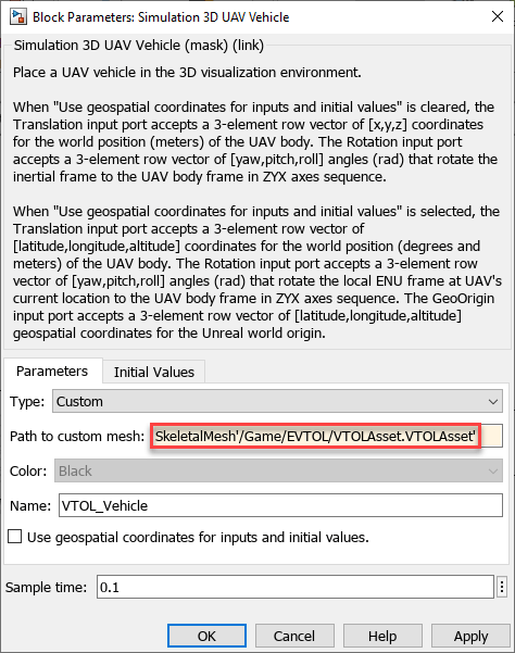 Simulation 3D UAV Vehicle block mask. The relative path to the VTOL UAV mesh is pasted into the Path to custom mesh parameter