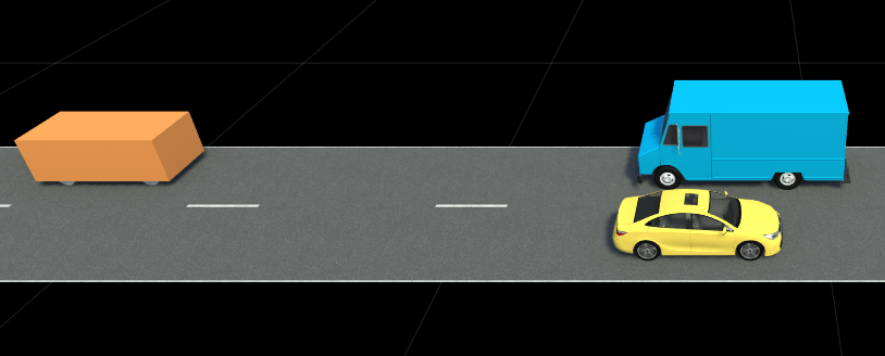 Simulated Safety Assist Automatic Emergency Braking Car-to-Car Front head-on lane change scenario in RoadRunner, containing an ego vehicle represented as a blue delivery van.