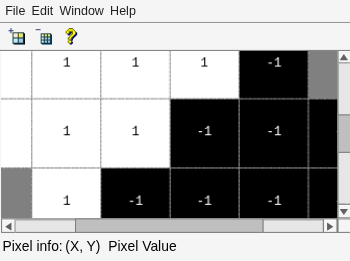 Figure Pixel Region (Figure 1) contains an axes object and other objects of type uipanel, uitoolbar, uimenu. The hidden axes object contains 35 objects of type line, image, text.