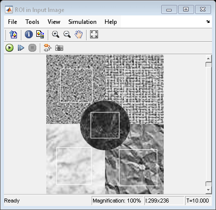 Figure ROI in Input Image contains an axes object and other objects of type uiflowcontainer, uimenu, uitoolbar. The hidden axes object contains an object of type image.