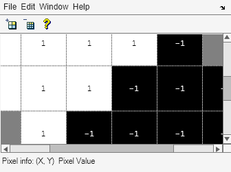Figure Pixel Region (Figure 1) contains an axes object and other objects of type uipanel, uitoolbar, uimenu. The hidden axes object contains 35 objects of type line, image, text.