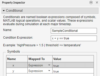 This image shows the properties of a conditional in the Property Inspector with two symbols, x and y. The Symbols table lists the names of each symbol in the Conditional Expression field.