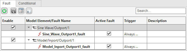 This image shows the fault table for an example containing a referenced model. The fault in the referenced model, Model_Inport_Outport1_fault originates from the referenced model. The parent model contains the fault from the reference.