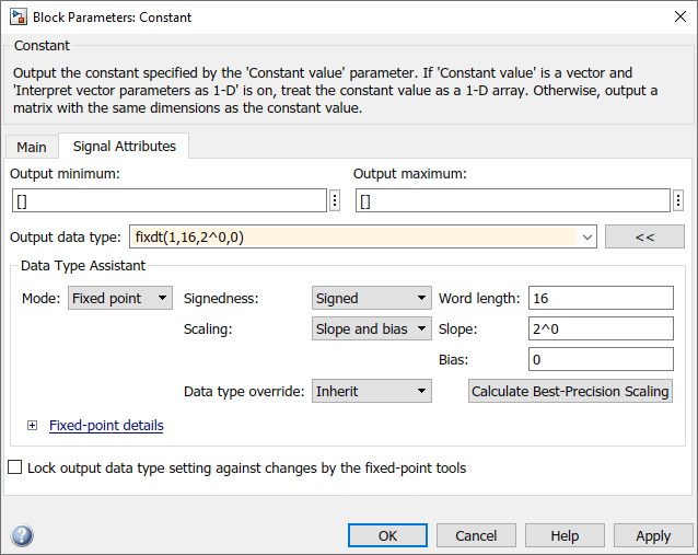 Block Parameters dialog for Constant block with Signal Attributes pane selected and the Data Type Assistant expanded.