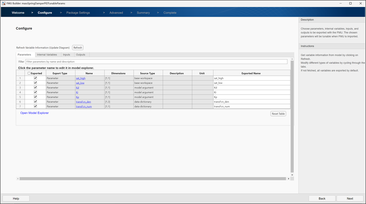 FMU Builder configure page with tunable parameters listed