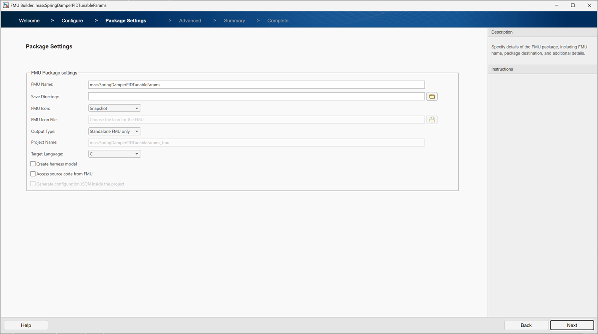 FMU Builder package settings page