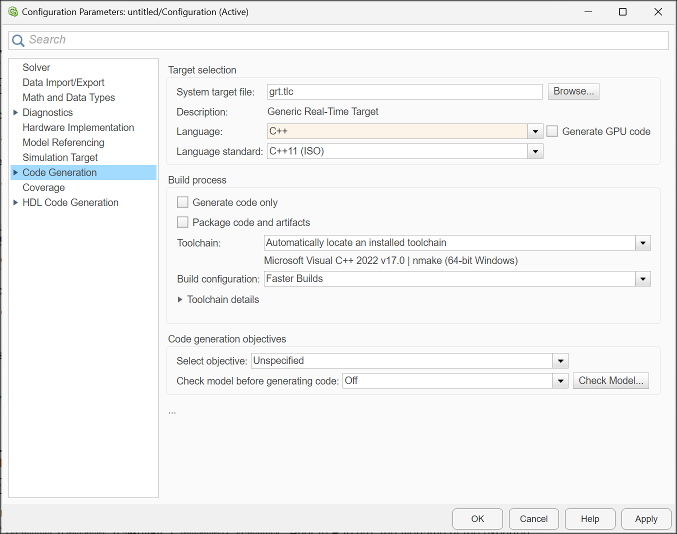 Configuration Parameter dialog box with code generation language set to C++