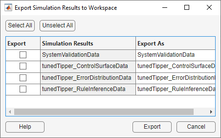 Export Simulation Results to Workspace dialog box