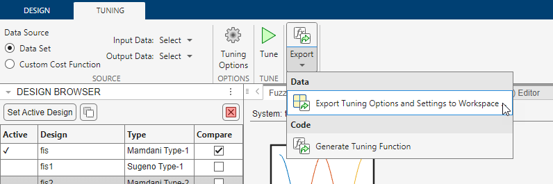App tuning toolstrip showing the Export Tuning Options and Settings to Workspace selection in the Export drop-down menu on the far right side of the toolstrip.