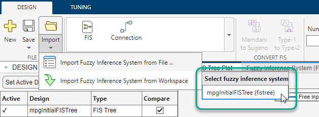 Import menu showing selection of FIS tree from workspace.