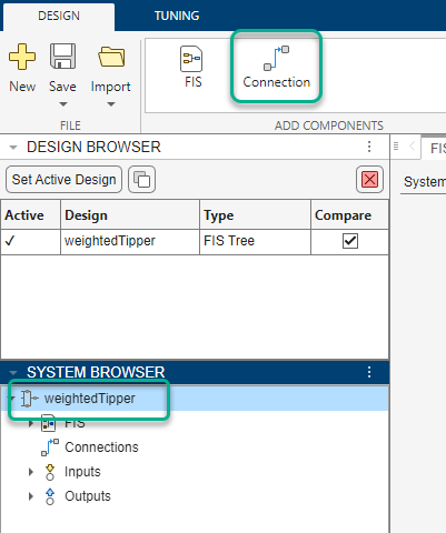 Design tab showing Connection option and System browser showing weightedTipper selection.