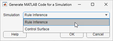 Generate MATLAB Code for a Simulation dialog box open and the cursor over a selection in the Simulation drop-down list.