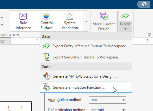 App toolstrip showing the Generate Simulation Function selection in the Export drop-down menu on the far right side of the toolstrip.