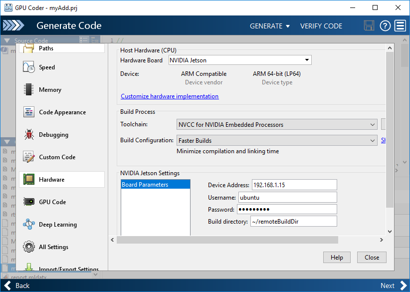 GPU Coder app showing hardware settings pane