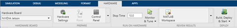 Snapshot of the hardware tab on the Simulink toolstrip.