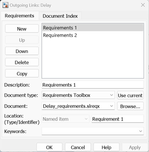 Outgoing Links diaglog box with sample details filled out such as Description, Document type, Document, and Location.