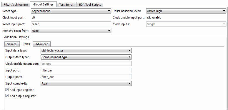 Global Settings in the Generate HDL tool, with the Ports tab selected