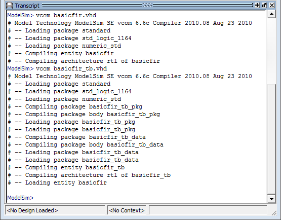 Mentor Graphics ModelSim Transcript window