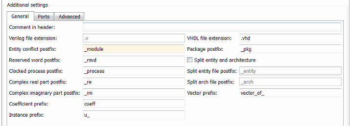 General tab under Global Settings in the Generate HDL tool