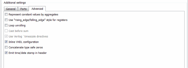 Advanced tab under Global Settings in the Generate HDL tool