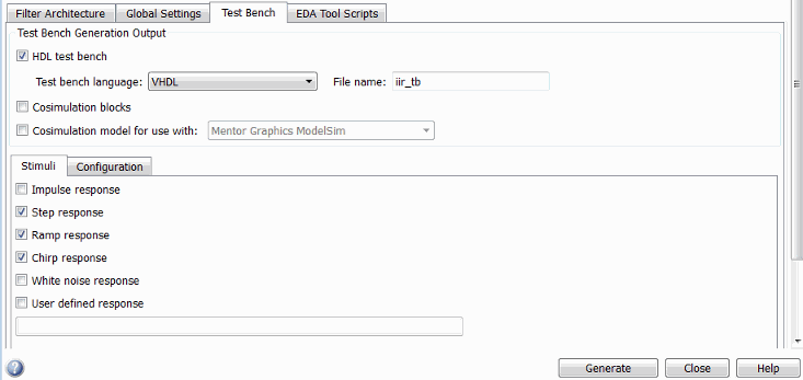 Test Bench tab of the Generate HDL tool