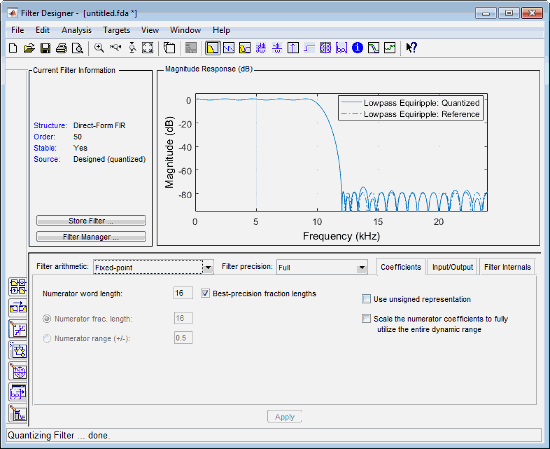 Filter Designer tool showing the Coefficients tab at the bottom of the window