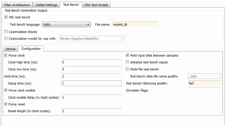 Test Bench tab of Generate HDL tool