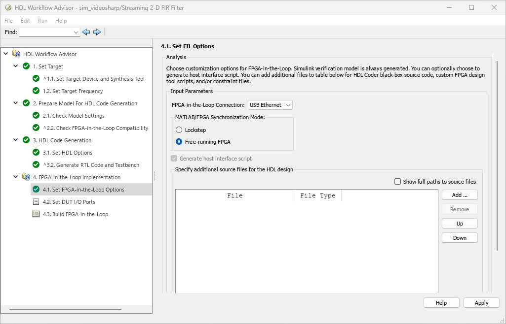 HDL Workflow Advisor open on the Set FPGA-in-the-Loop Options step, with FPGA-in-the-Loop Connection set to USB Ethernet and MATLAB/FPGA Synchronization Mode set to Free-running FPGA.