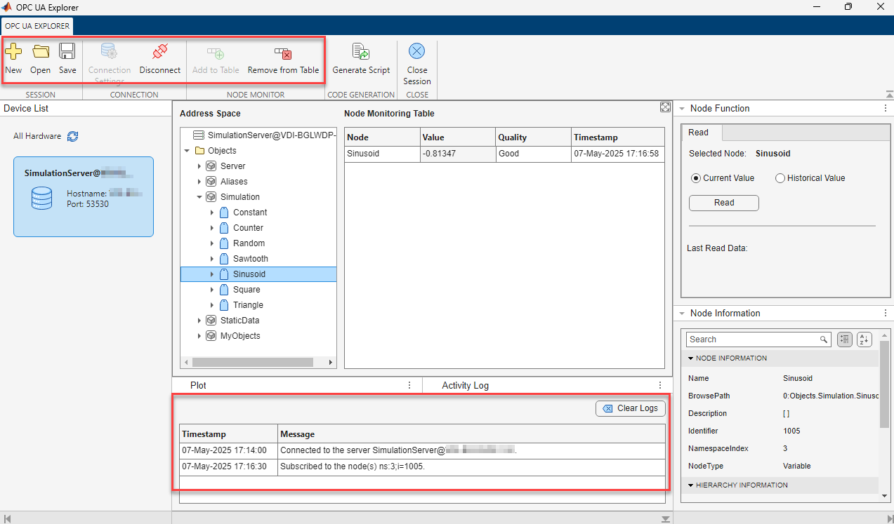 App connected to OPC UA server
