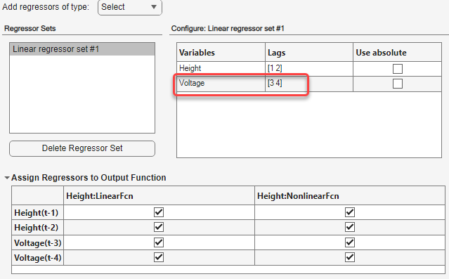 Regressor tab within Configure tab. The list of regressor sets and a button to delete a set is in the top left portion. The regressor configuration table is in the top right portion. The regressor assignments table is on the bottom.