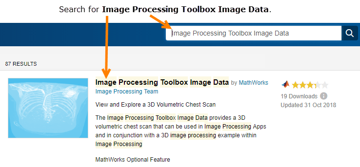 Searching for "Image Processing Toolbox Image Data" yields a link to the data package with an icon of the 3-D MRI chest scan.