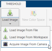 Color Thresholder toolstrip with the Load Image dropdown showing three options to load images, including Acquire Image From Camera.