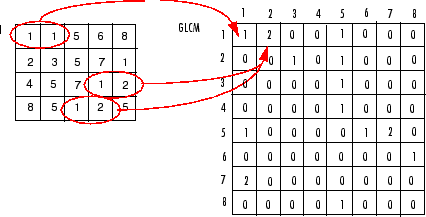 A matrix with values ranging from 1 to 8, and its corresponding GLCM. The single pair of adjacent pixels with values 1 and 1 in the matrix are circled with an arrow that points to the (1, 1) element in the GLCM. The two pairs of adjacent pixels with values 1 and 2 in the matrix are circled and have an arrow that points to the (1, 2) element in the GLCM.