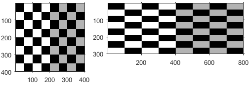 Original and scaled checkerboard image. The scaled image appears stretched in the horizontal direction.