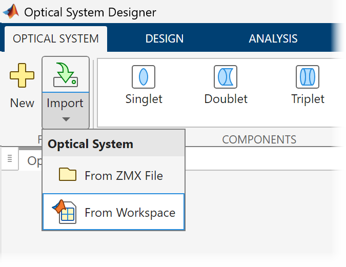 In Optical System Designer app, import the optical system from the workspace.