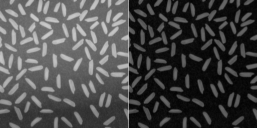 Output of the top-hat transform, applied to a grayscale image of grains of rice against a darker background