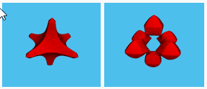 The original image on the left is a volume consisting of a 1-valued voxel surrounded by 1-valued voxels on the top, bottom, left, right, front, and back. The processed image on the right shows a hole in the volume formed by setting the interior voxel to 0.
