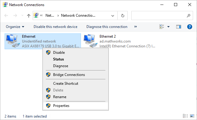 Network Connections window with Gigabit Ethernet Adapter Properties selected